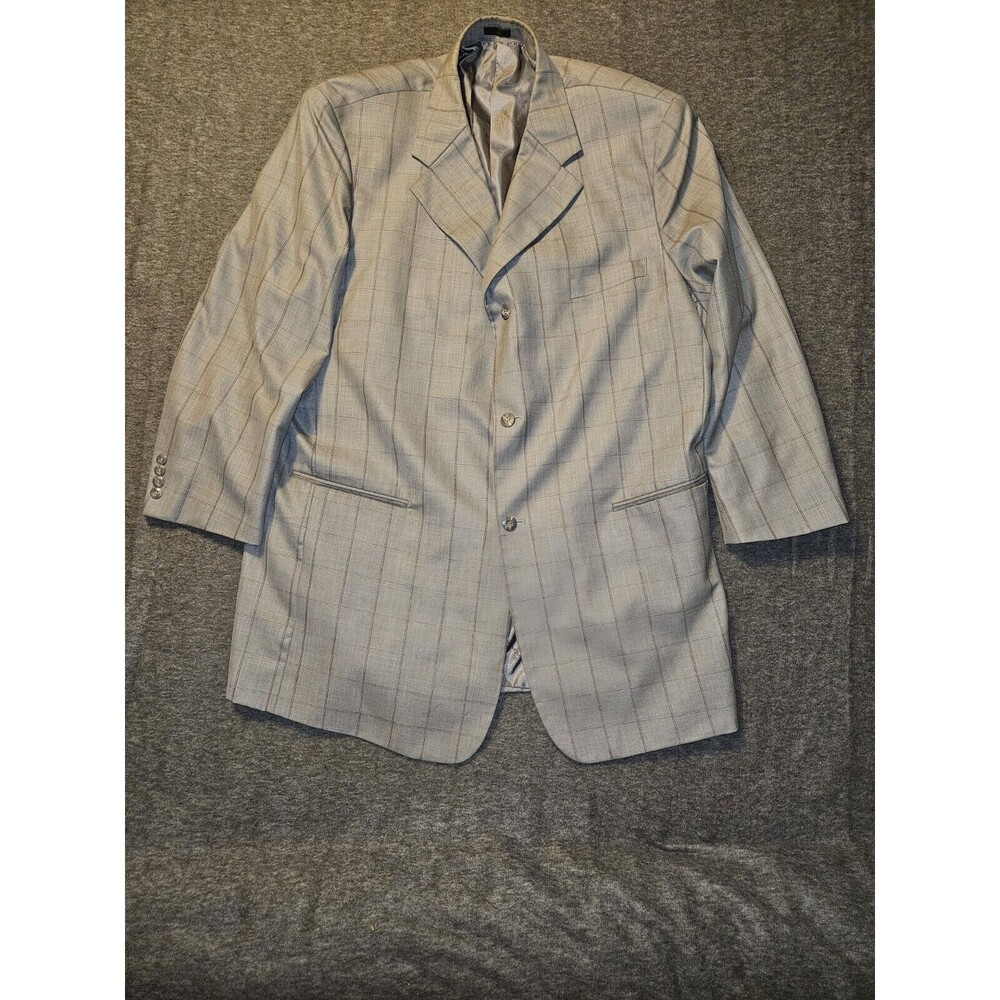 Stacy Adams Blazer Men's 52L Gray Plaid 3 Button 4 Button Sleeve Polyester Rayon